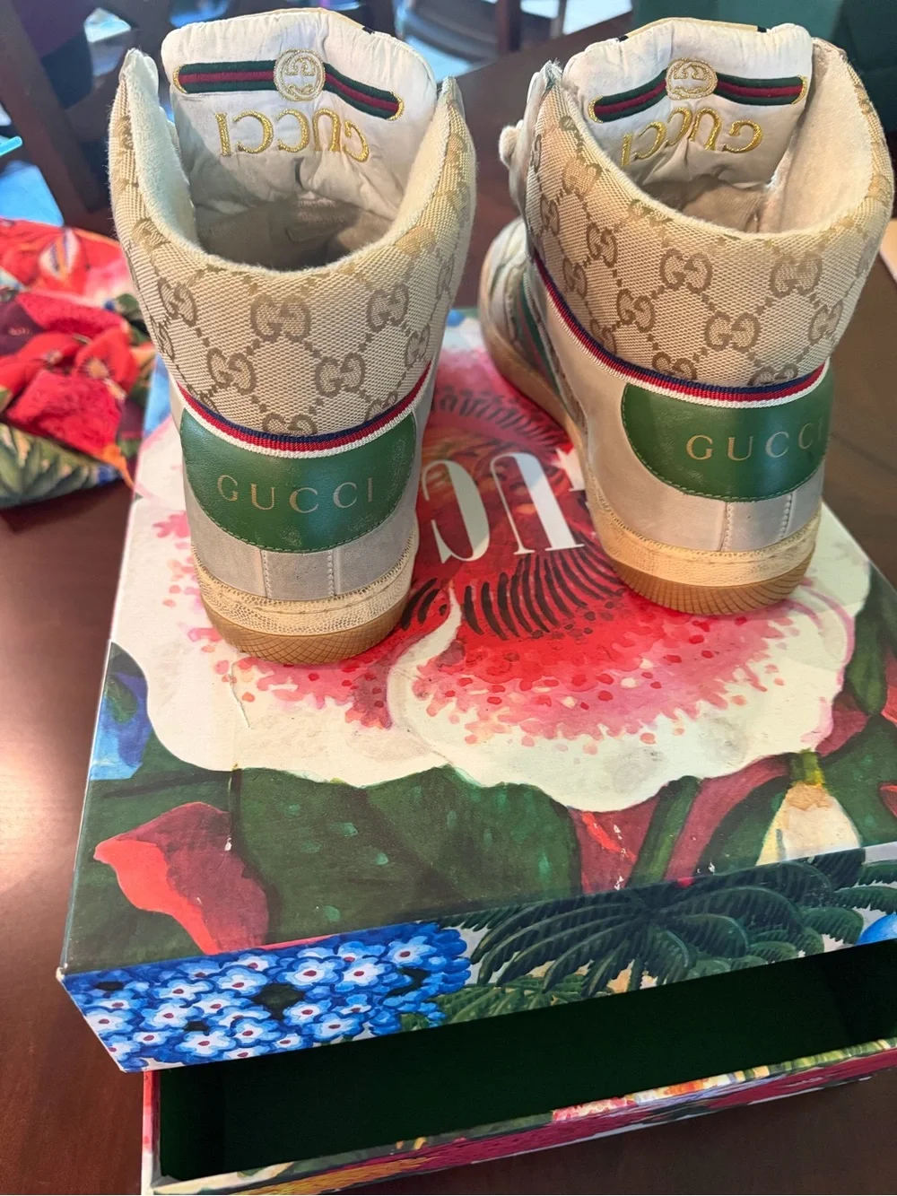Gucci Beige Canvas High-Top Sneaker with Green and Red Web